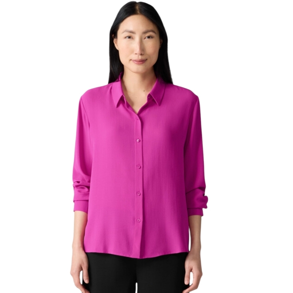 Eileen Fisher Silk Button Front Blouse Pink Oversized Loose Fit Petite Size 4P